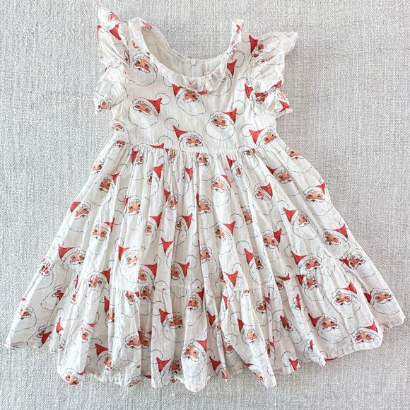 Pink Chicken Girl's White Cotton Santa Print Dress VGUC 4 - Picture 1 of 7